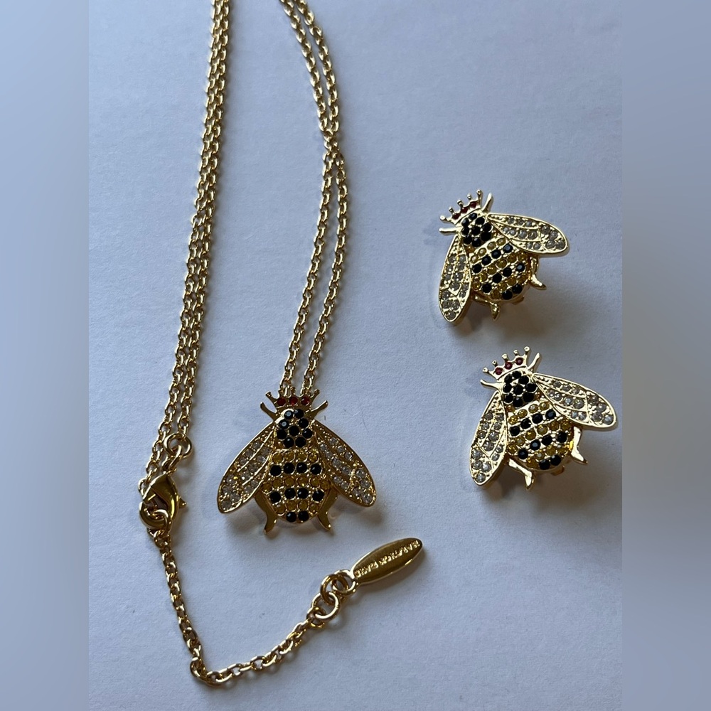 Rare Halcyon Days Bee Pendant Necklace and Clip-on Earrings Set